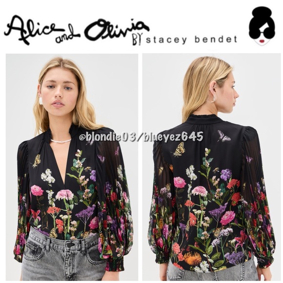Alice + Olivia Tops - Alice + Olivia Ilan Pleated Blouson Sleeve Button Front Blouse M
